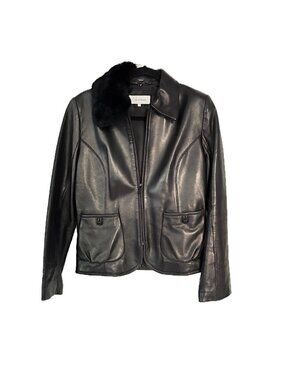 CK Leather Jacket with a Removable Fur Collar in Black Blazer Women's S